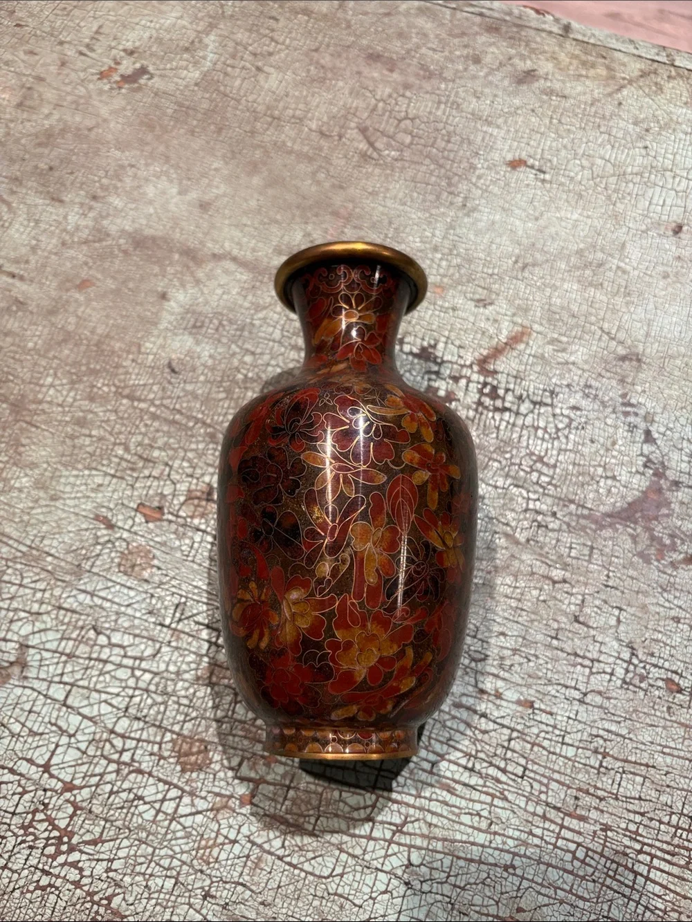 Chinese Cloisonné Floral Vase Multicolor Enamel Gold Tone 8”
